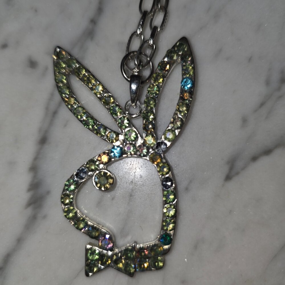 Rhinestone Bunny Pendant Necklace Silver Tone Multicolor Crystal Playboy Style